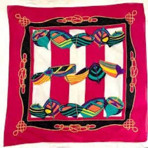 1980's 90’s Ginnie Johansen 32" x 34" Square Cotton Scarf Rowboats Fuchsia